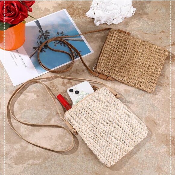 2 Pcs Straw Beach Bag for Women Summer Woven Shoulder Crossbody Handbag - Picture 4 of 7